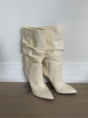 Paris Texas Cream Slouch Pointed-Toe Mid-Calf Heeled Boots